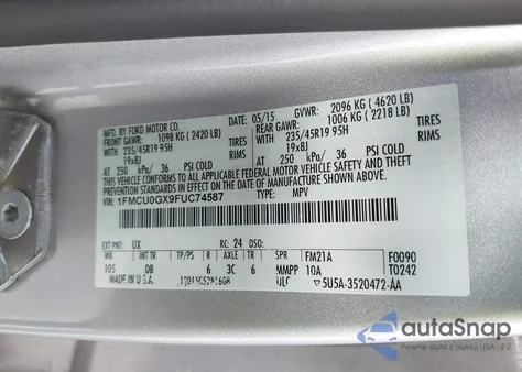 2015 Ford Escape Se z USA, uszkodzony, nr VIN 1FMCU0GX9FUC74587